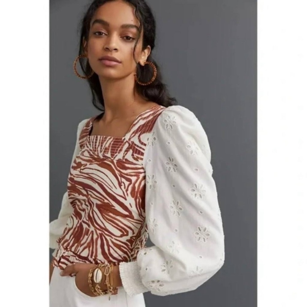 Anthropologie Love The Label Smocked Eyelet Puff Sleeve Blouse size Small